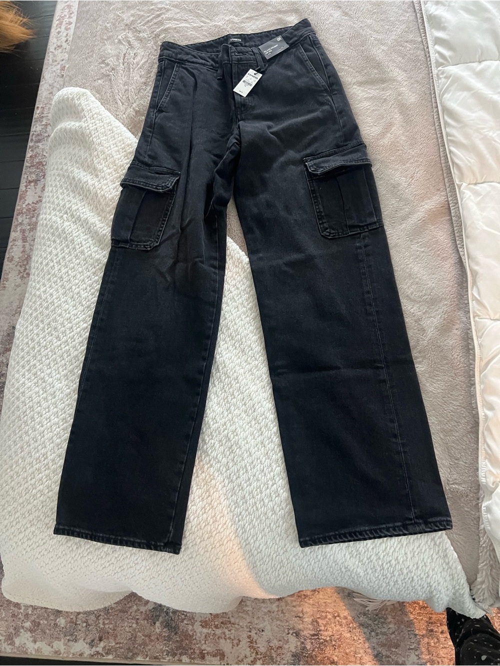 Express Men's Black Cargo Pants with Side Flap Pockets
